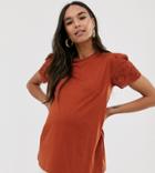Asos Design Maternity T-shirt With Broderie Sleeve In Rust-orange
