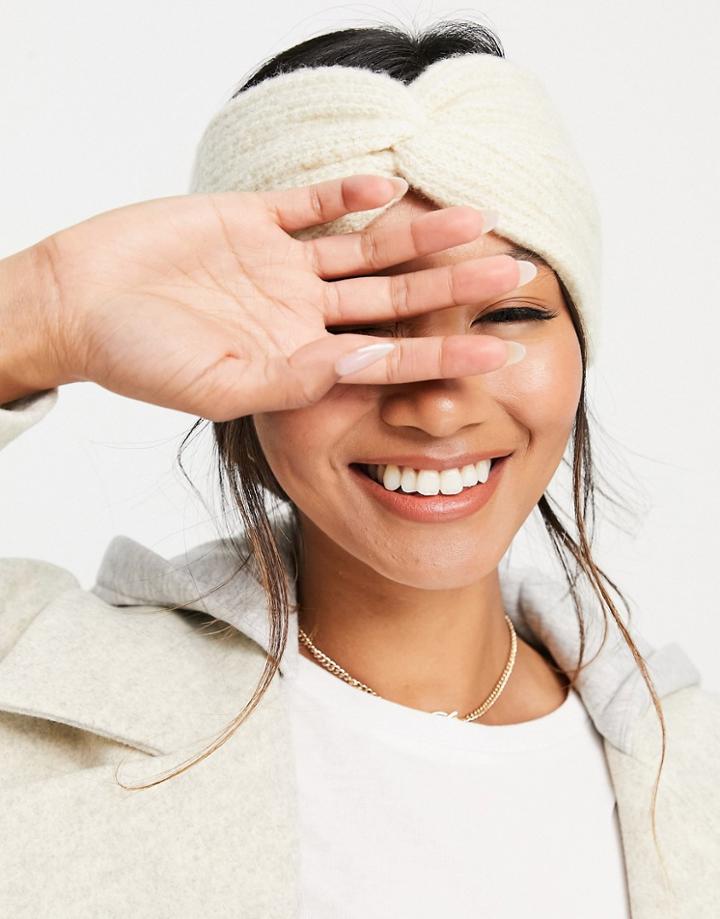 Asos Design Twist Front Textured Knit Headband In Cream-white