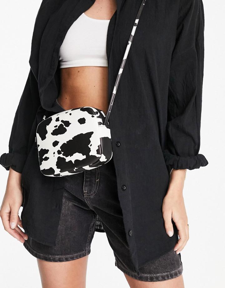 Pull & Bear Cow Print Cross Body Bag In Mono-black
