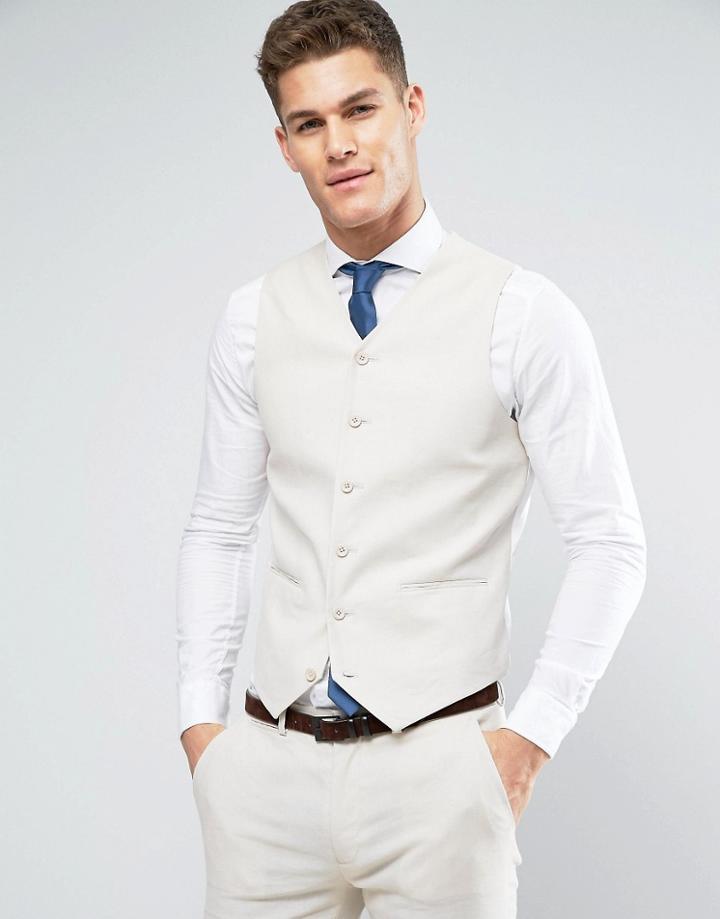 Asos Wedding Super Skinny Suit Vest In Stone Stretch Linen Cotton - Gray
