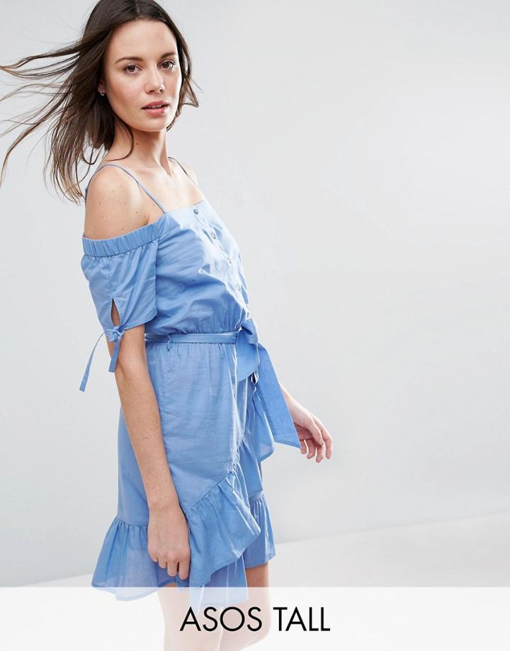 Asos Tall Off Shoulder Ruffle Hem Sundress - Blue