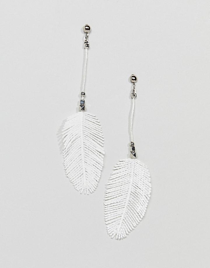 Asos Design Faux Feather And Engraved Bead Drop Earrings - Silver