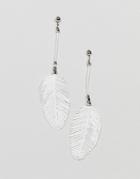 Asos Design Faux Feather And Engraved Bead Drop Earrings - Silver