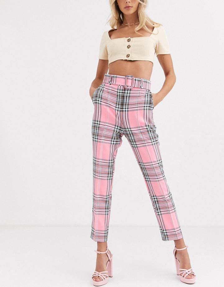 Asos Design High Waist Cigarette Pants With Belt In Pink Check-multi