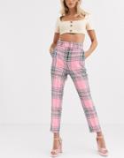 Asos Design High Waist Cigarette Pants With Belt In Pink Check-multi