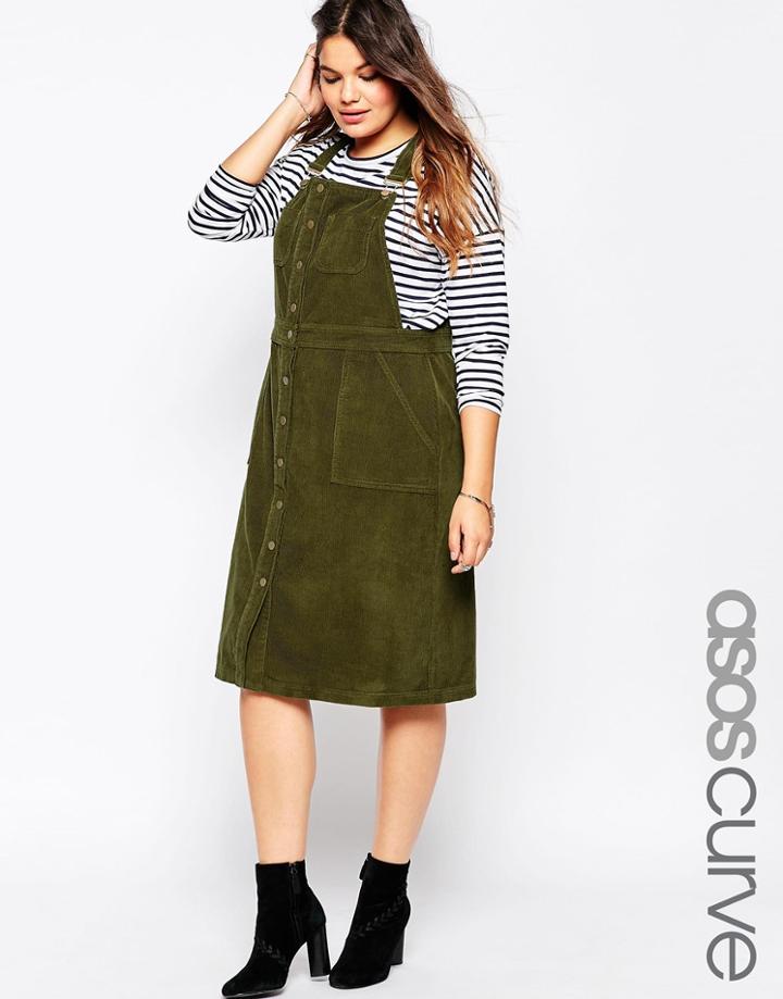 Asos Curve Denim Cord Button Through Pinafore Dress - Olive Green