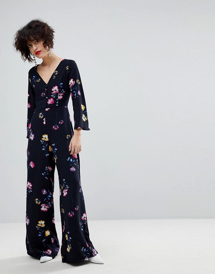Mango Floral Button Detail Jumpsuit - Black
