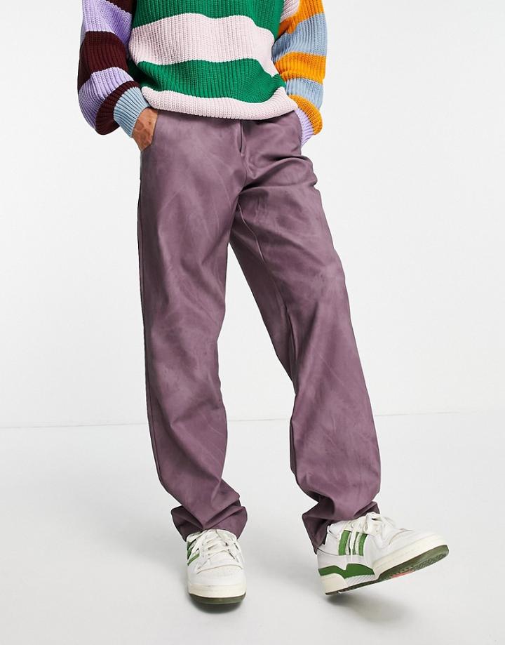 Asos Design Relaxed Fit Pants In Washed Faux Leather-purple
