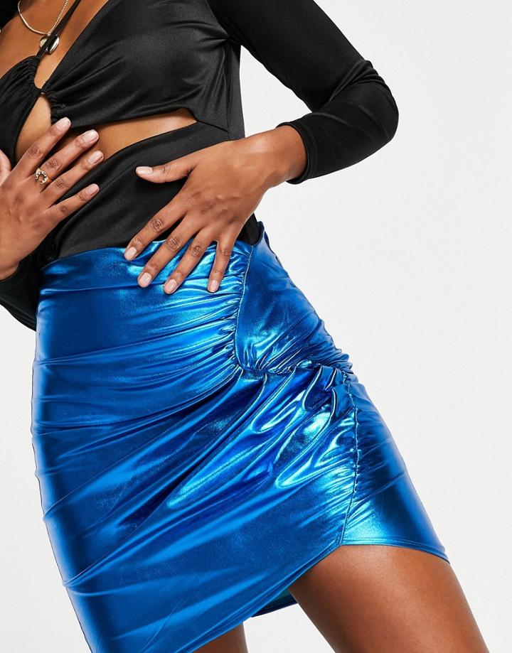 First Distraction The Label Ruched Mini Skirt In Blue Metallic