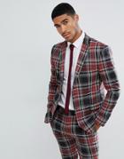 Boohooman Skinny Fit Large Check Suit Jacket In Red - Red