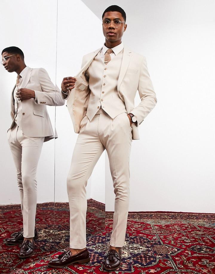 Noak Skinny Premium Recycled Fabric Suit Pants In Stone Micro Texture With Two-way Stretch-neutral