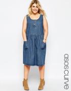 Asos Curve Soft Denim Midi Pinafore Dress With Patch Pockets - Indigo
