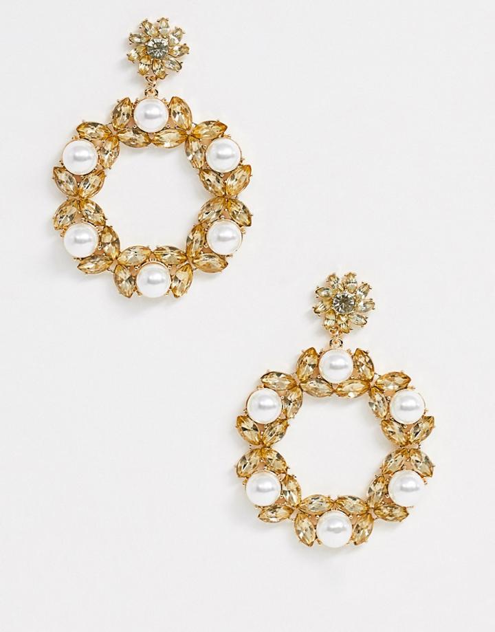 Asos Design Earrings With Crystal And Pearl Open Drop In Gold Tone