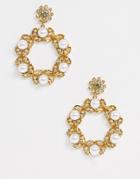 Asos Design Earrings With Crystal And Pearl Open Drop In Gold Tone
