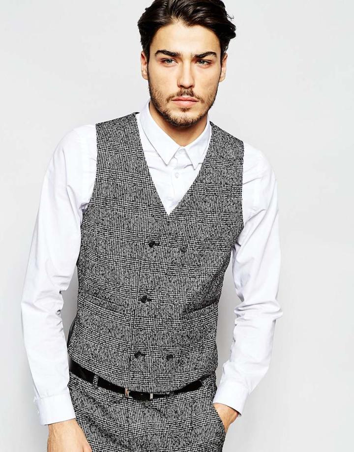Asos Slim Fit Waistcoat In Textured Fabric In Grey