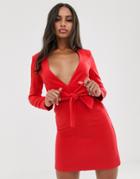 Vesper Tailored Tux Dress With Tie Front In Red - Red