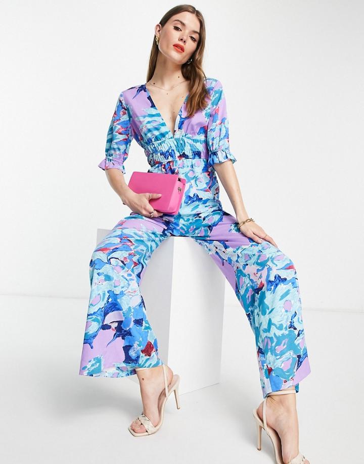 Lola May Open Back Wide Leg Jumpsuit In Abstract Print-yellow