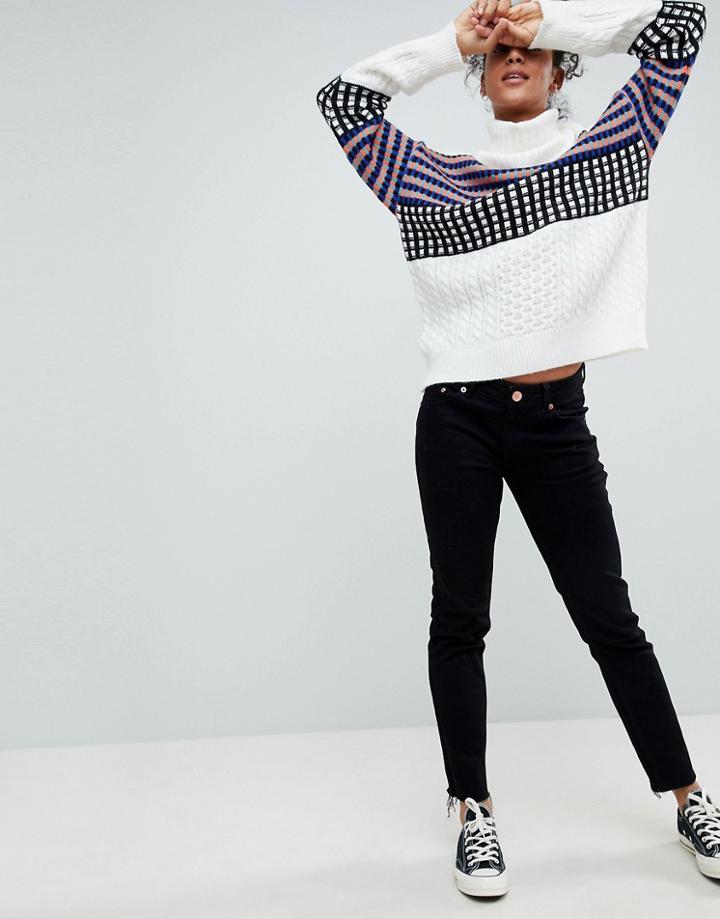 Asos Sweater In Block Check With High Neck - Cream