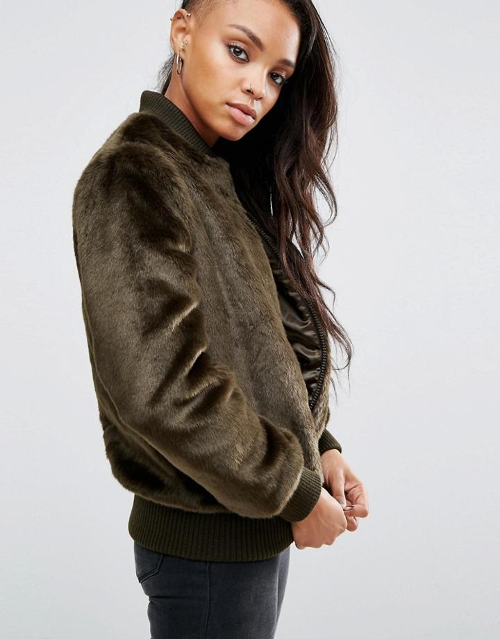 Asos Faux Fur Bomber Jacket - Green