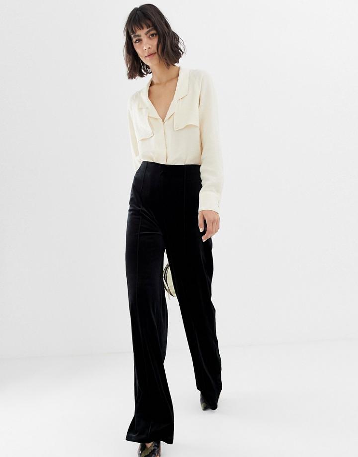 Mango Velvet Wide Leg Pants In Black - Black
