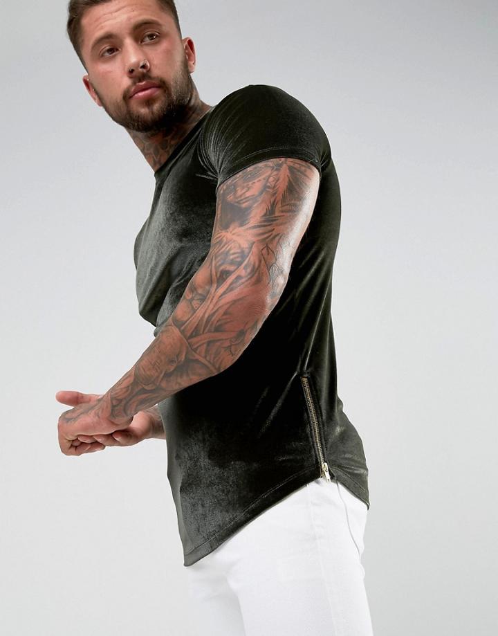 Asos Longline Muscle T-shirt In Velour With Side Zips - Green