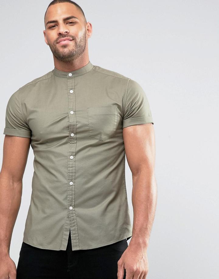 Asos Skinny Fit Oxford Shirt With Grandad Neck - Green