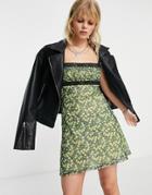 Topshop Lace Mesh Flippy Tea Dress With Square Neck In Yellow Floral