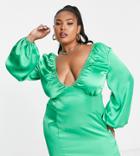 Asos Design Curve V Front Satin Mini Dress With Picot Trim In Green