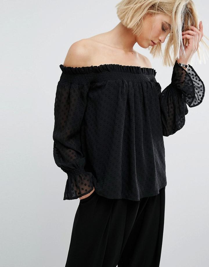 J.o.a Off Shoulder Top In Sheer Spot - Black
