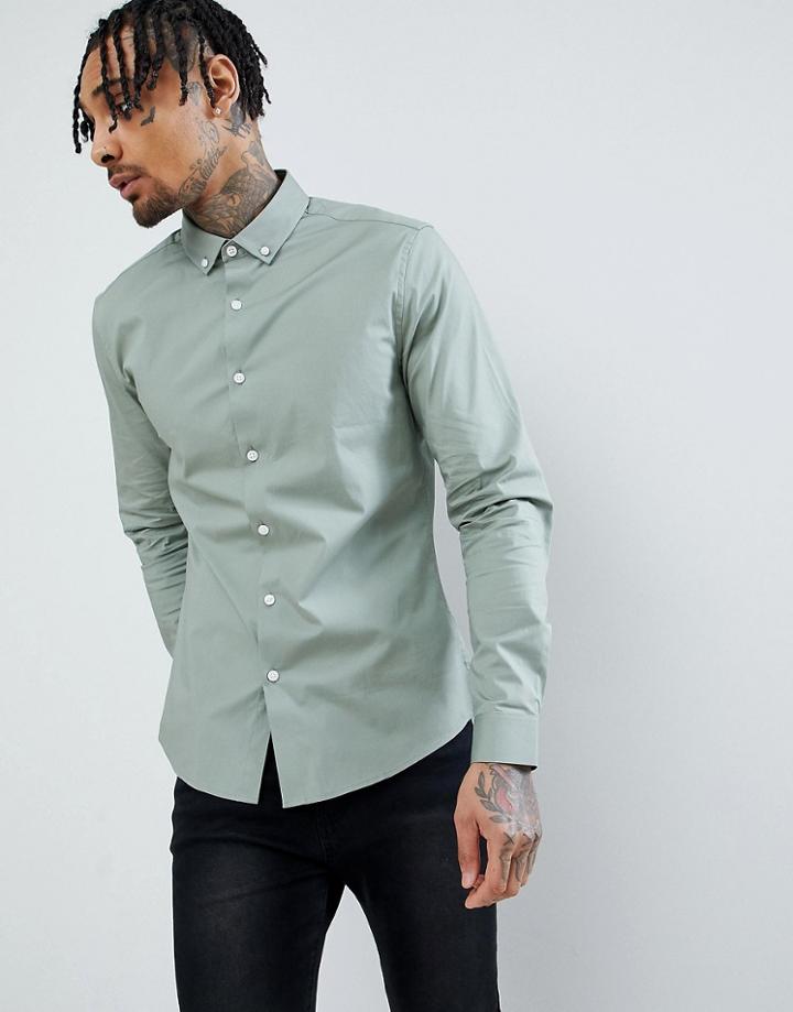 Asos Design Slim Shirt In Green With Button Down Collar - Green