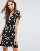 Nobody's Child Tea Dress With Button Front In Dark Floral - Black