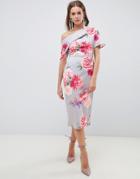 Asos Design Pleated Shoulder Pencil Dress In Large Floral - Multi