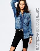Noisy May Petite Oversize Denim Shirt With Check Lining - Blue