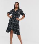 Pink Clove Midi Dress With Tie Sleeves In Scenic Print-black