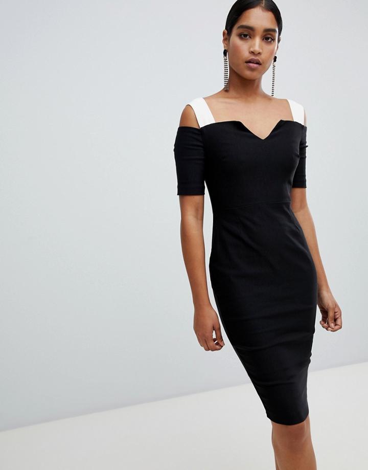 Vesper Bardot Short Sleeve Midi Dress - Black