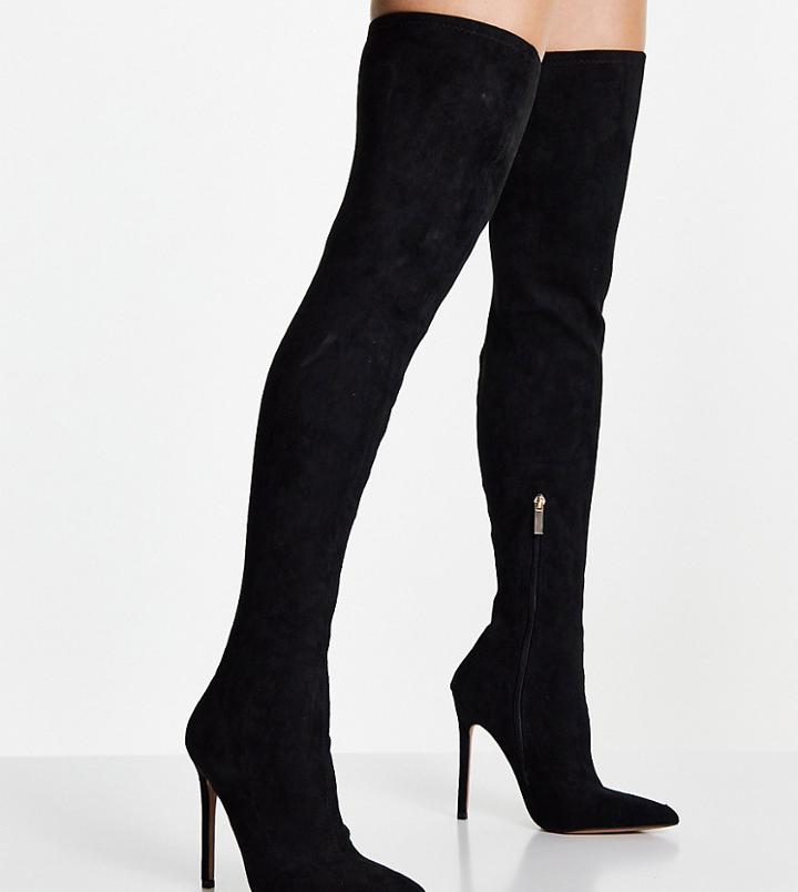 Asos Design Wide Fit Koko Heeled Over The Knee Boots In Black Micro