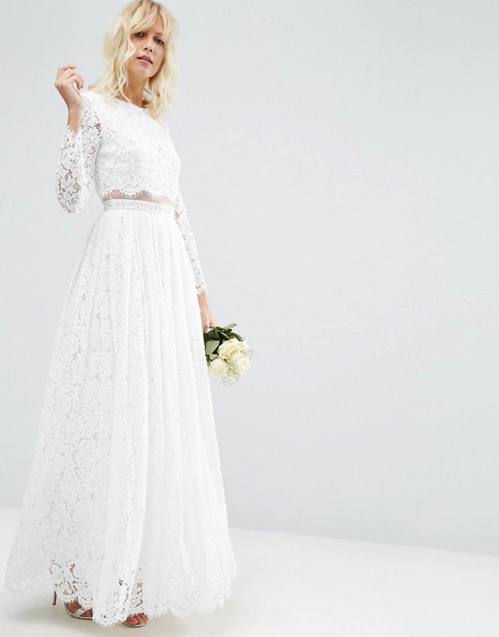 Asos Bridal Lace Long Sleeve Maxi Prom Dress - White
