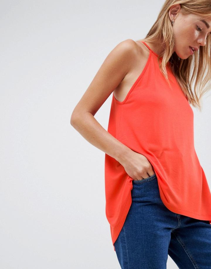 Asos Design Cami With High Neck And Dip Back In Coral - Pink