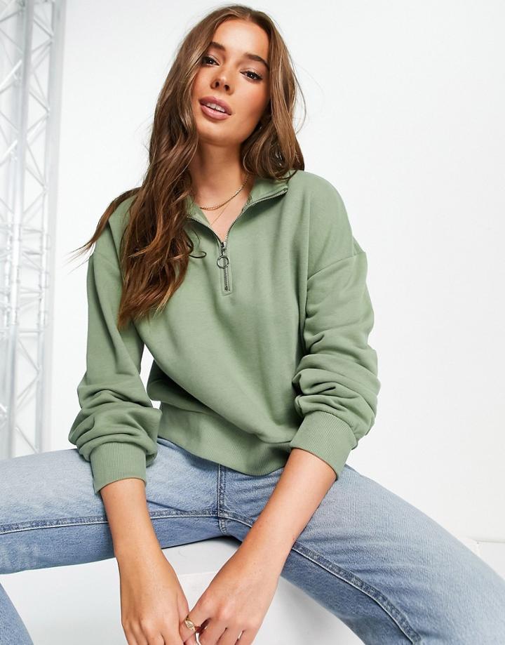 Stradivarius Half Zip Cropped Sweatshirt In Khaki-green