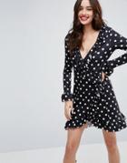 Asos Wrap Front Tea Dress With Frill In Polka Dot - Multi