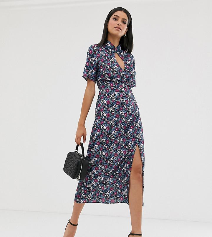 Fashion Union Tall High Neck Midi Shift Dress With Key Hole Detail In Floral Print-multi