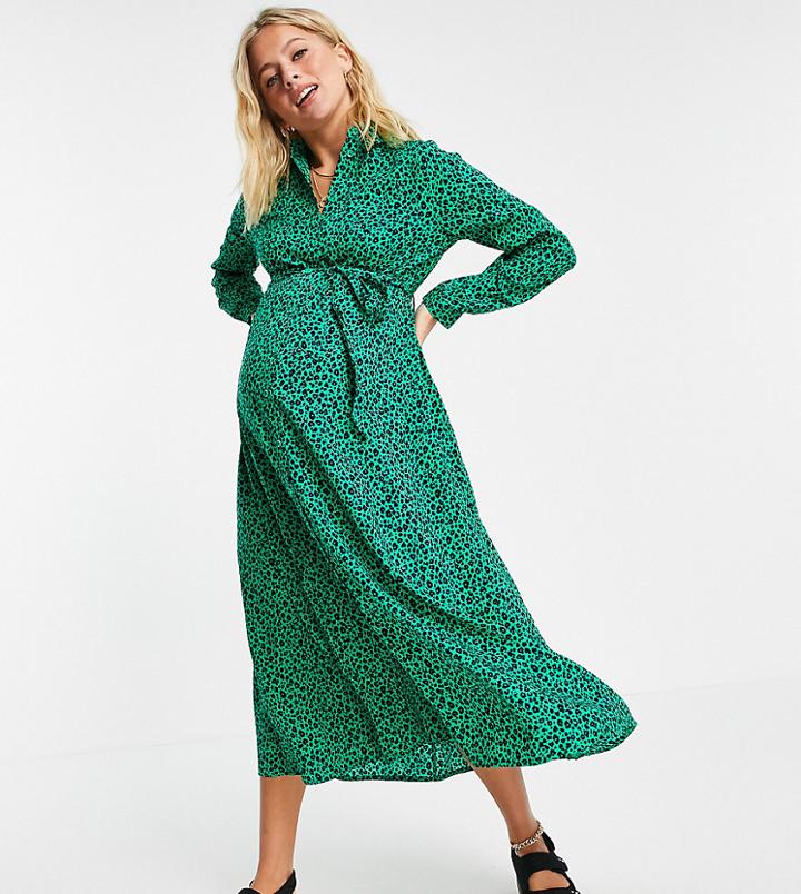 New Look Maternity Longsleeve Midaxi Shirt Dress In Green Animal Print