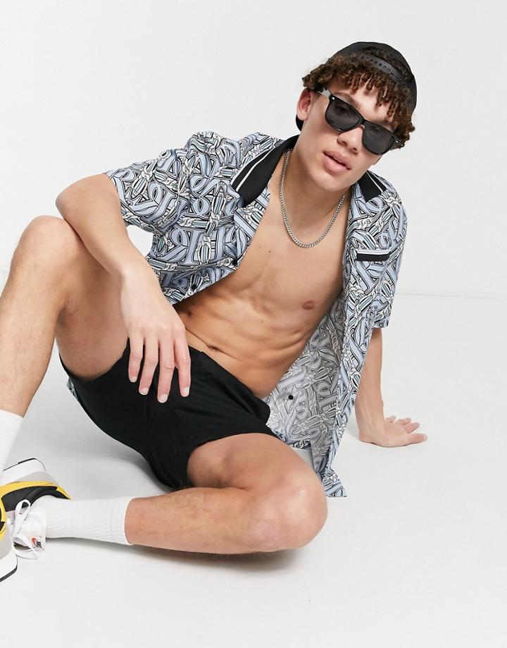 River Island Short Sleeve Monogrammed Shirt In Blue-blues