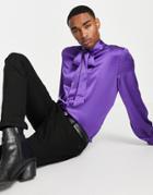 Asos Design Satin Shirt With Tie Neck And Blouson Volume Sleeves In Purple