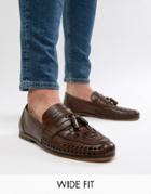 Asos Design Wide Fit Loafers In Woven Tan Leather With Tassel Detail-brown