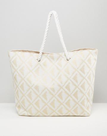 South Beach Metallic Gold Geometric Print Beach Bag - Gold