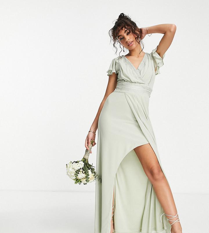 Tfnc Petite Bridesmaid Ariana Flutter Sleeve V Neck Dress In Sage Green