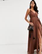 Asos Design Cami Pleated Maxi Dress With Grosgrain Tie Waist - Yellow