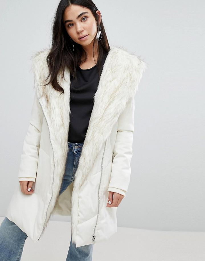 New Look Faux Fur Shawl Padded Coat - Cream