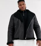 Asos Design Plus Faux Shearling Biker Jacket With Fleece Lining In Black